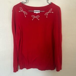 Elle Red Sweater with Bow Pearl Details